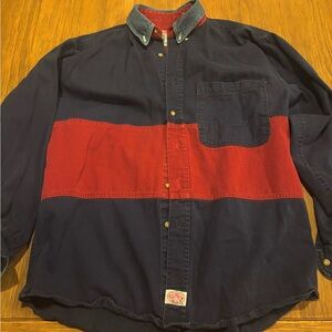 Vintage Men's Navy and Red Colorblock Denim Shirt